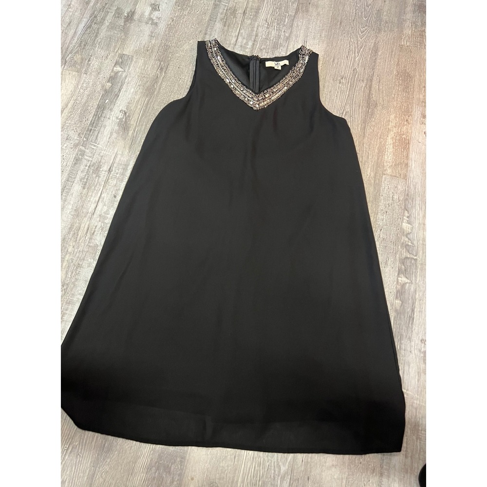 YA Los Angeles Black Beaded V-Neck Shift Dress Womens Medium Sleeveless Cocktail